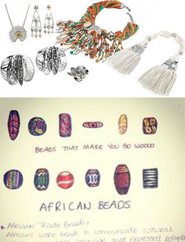 القارة السمراء تلهم المصممين بدفئها وألوانها، عقد «أوغاندا» بشراشيب مصنوعة من العقيق وعقد من العقيق الملون وخاتم مالي وأقراط أذن «ماساي» وأقراط أذن «فولاني» وسلسال مستوحى من أسلوب باساري